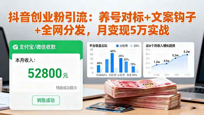 (10.22)抖音创业粉引流：养号对标+文案钩子+全网分发，月变现5万实战